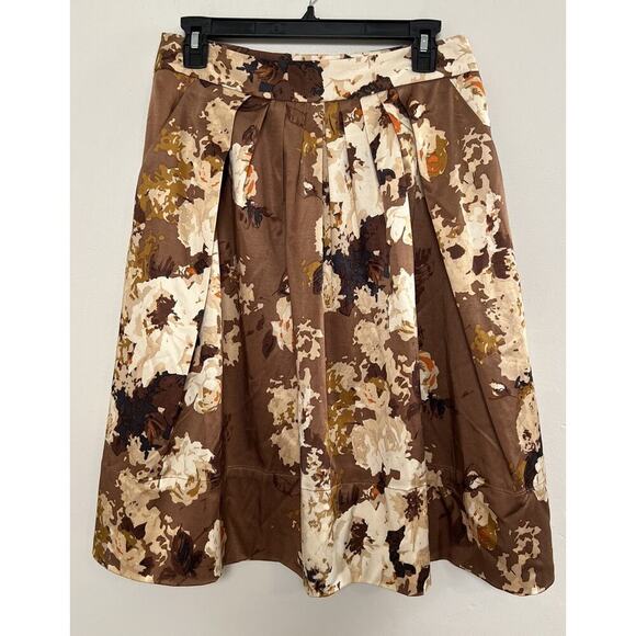 Talbots Pleated A-line Skirt Women's Sz 4 Chocolate Brown Gold Floral Career - Picture 3 of 6
